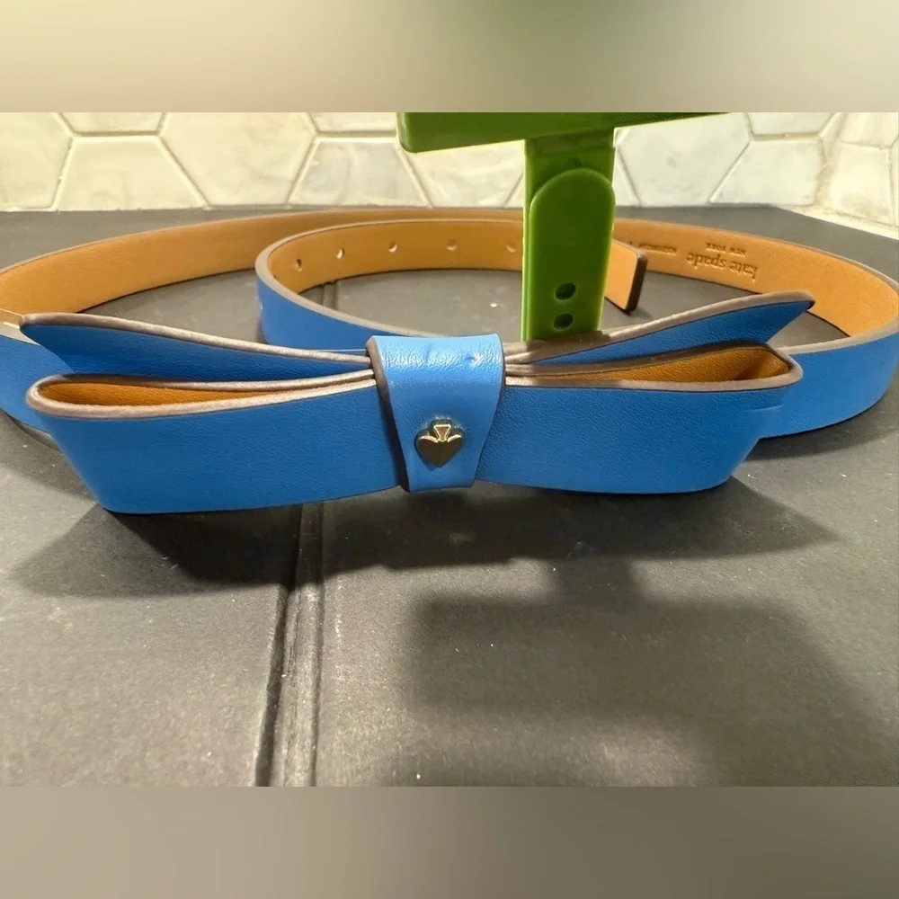 Kate Spade NY Bow Leather Belt Calfskin Leather Size Large Riverside Blue NWT